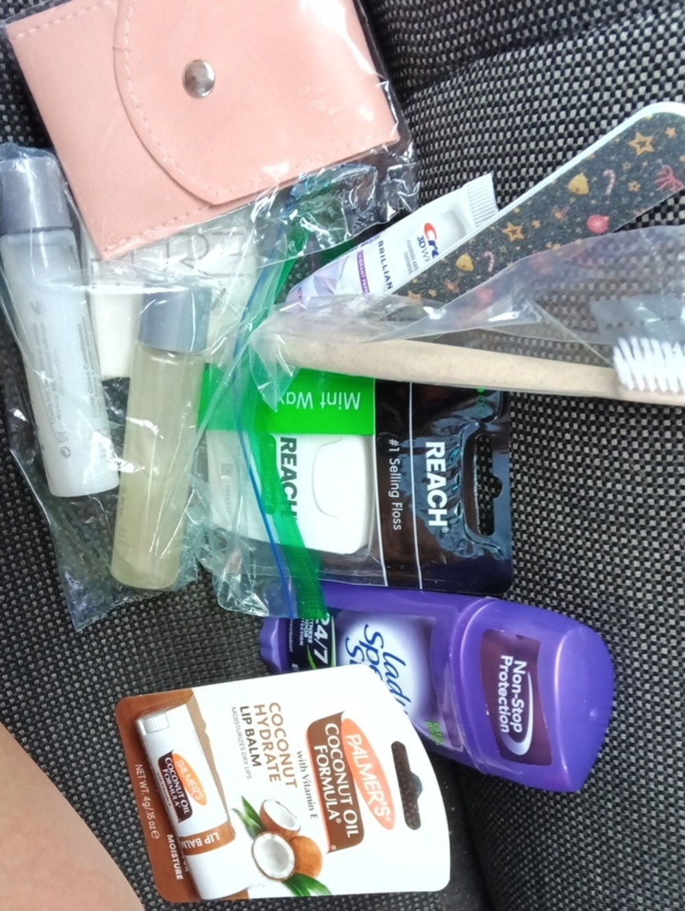 Assorted Travel Toiletries Kit - Pink Case, Purple Bottle, Coconut Lip Balm